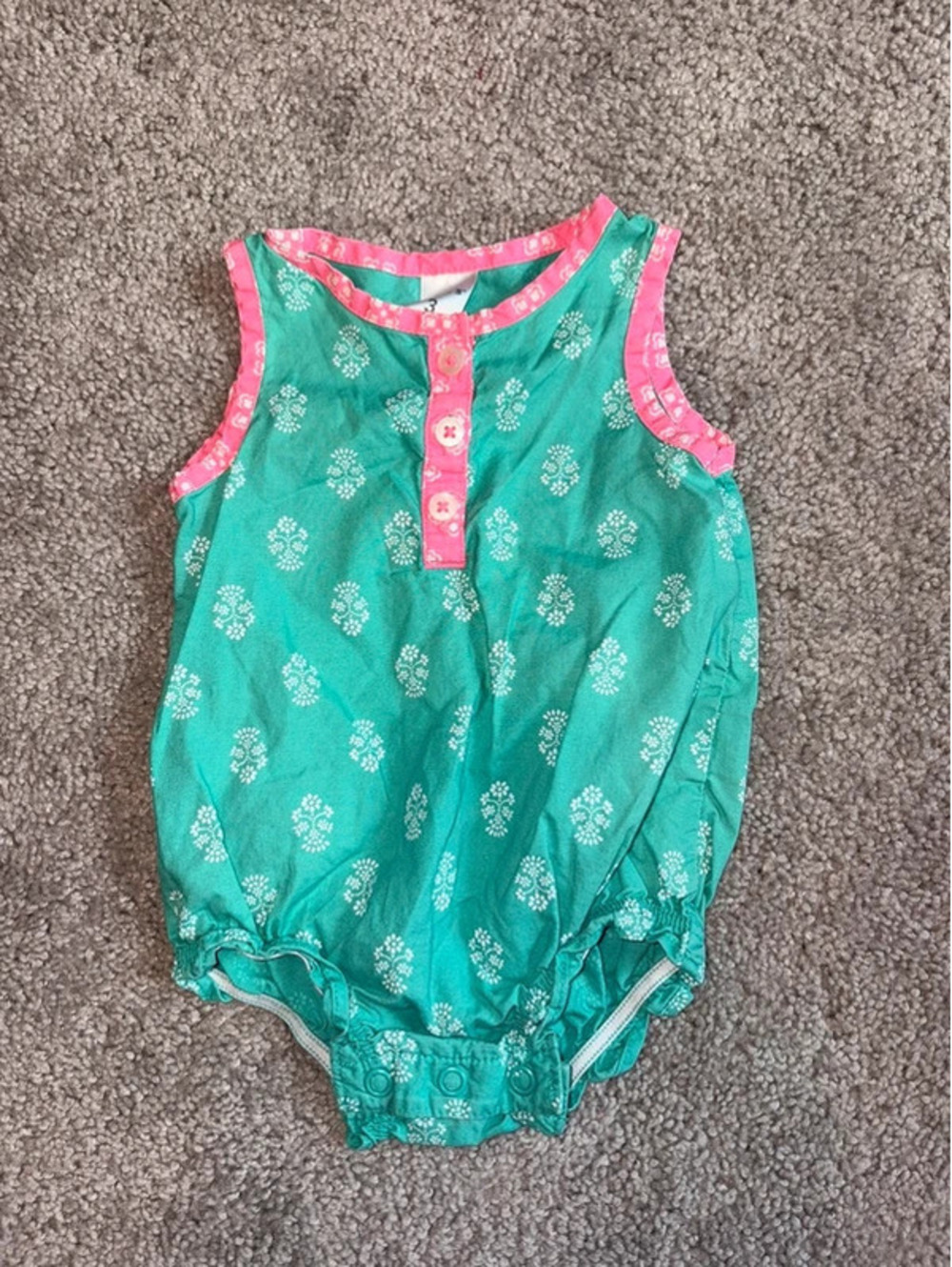 Carter’s Baby Girl Green Pink Sleeveless Bubble Romper Size 3 Months